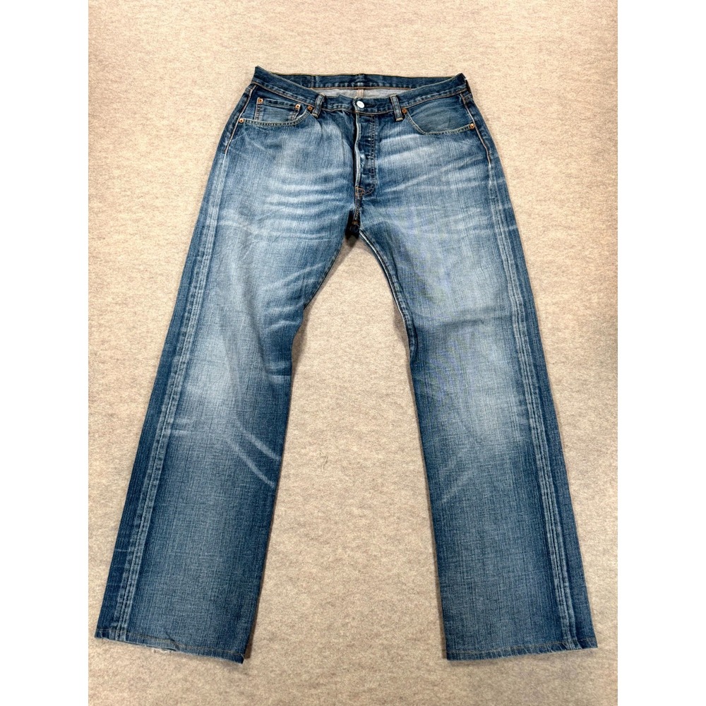 Levis 501 Authentic Jeans Mens 36x34 Blue Whiskering Denim Cotton Logo Mid Rise